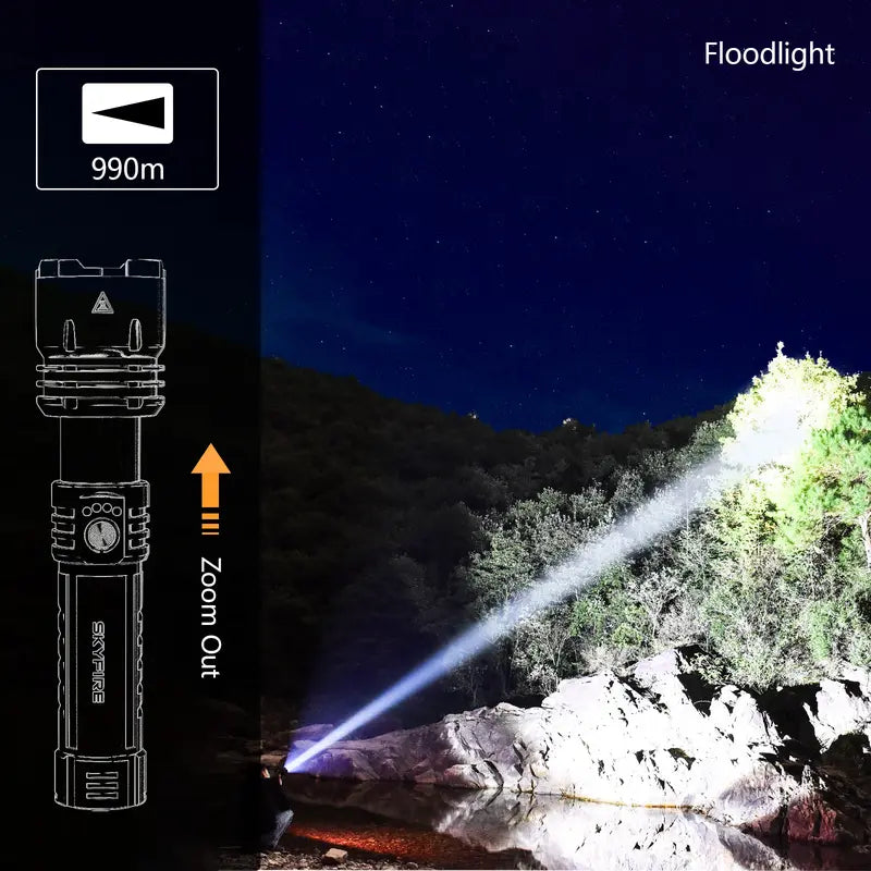 High-lumen, ultra-bright rechargeable LED flashlight with adjustable zoom and five lighting modes.