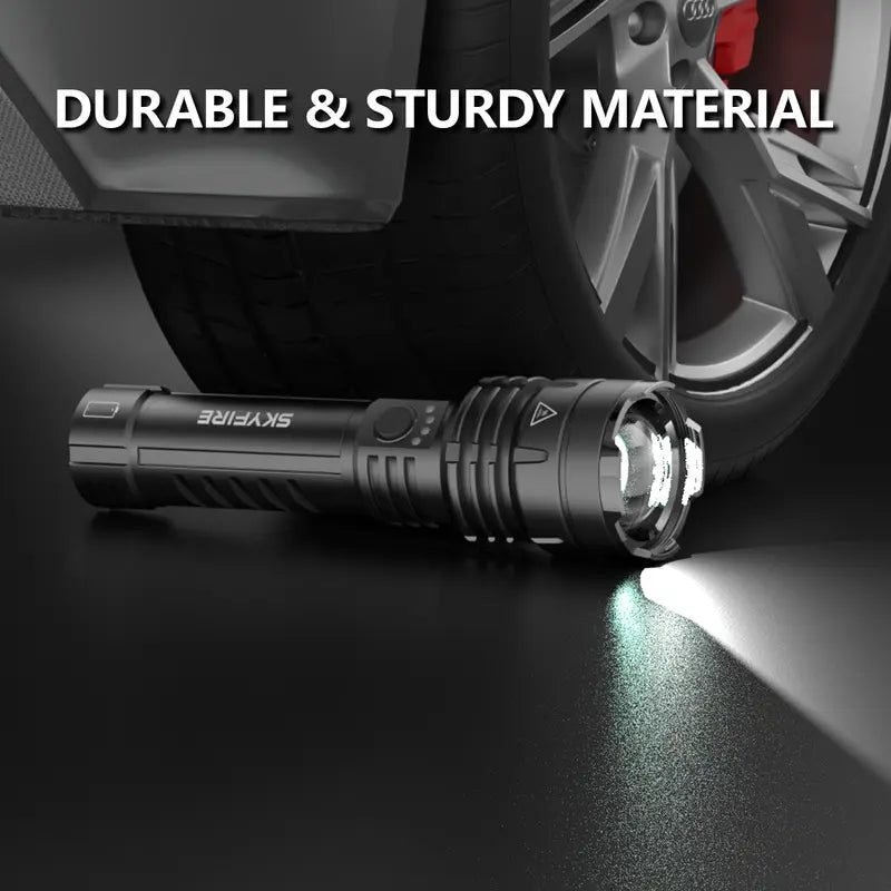High-lumen, ultra-bright rechargeable LED flashlight with adjustable zoom and five lighting modes.