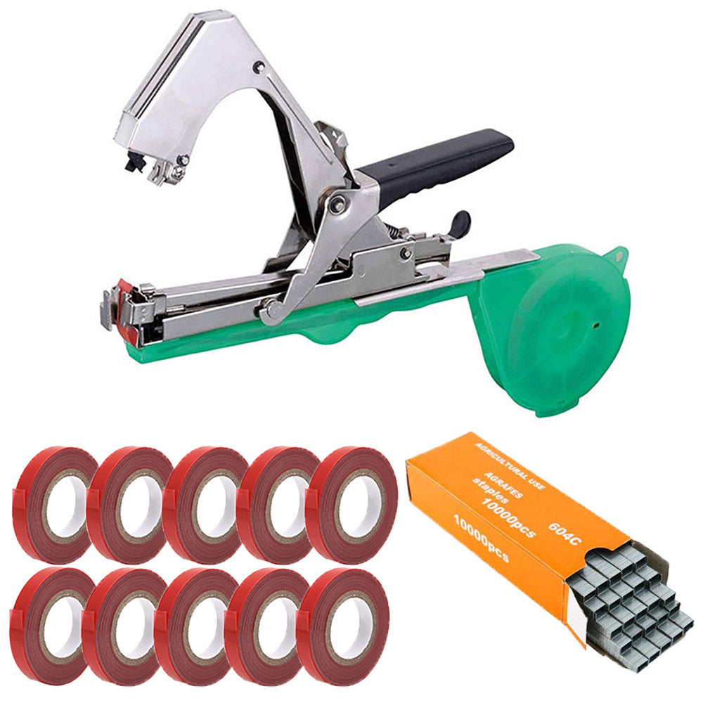 The branch tying machine is equipped with a tool for setting up tying straps and nails.