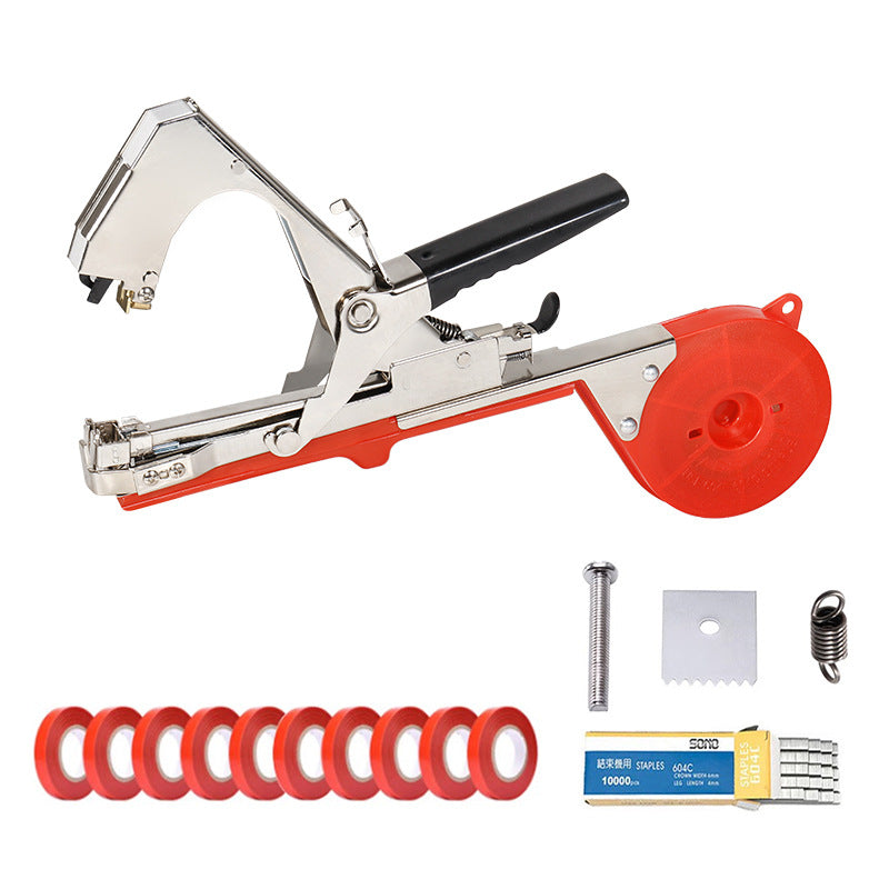 The branch tying machine is equipped with a tool for setting up tying straps and nails.