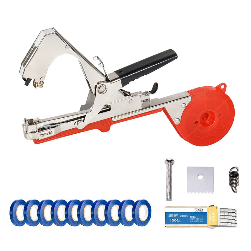 The branch tying machine is equipped with a tool for setting up tying straps and nails.