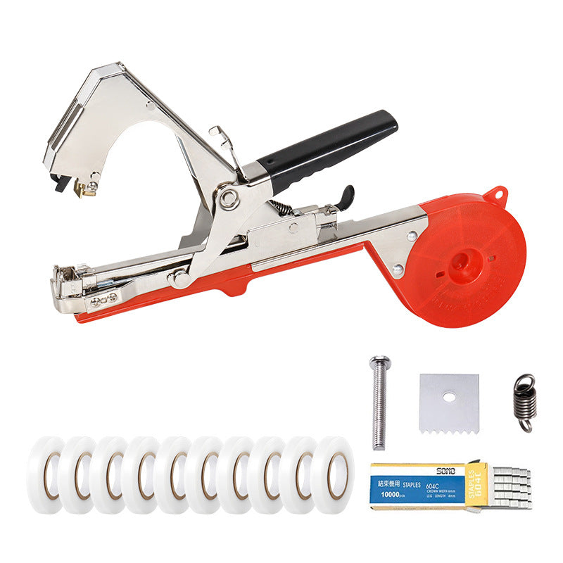 The branch tying machine is equipped with a tool for setting up tying straps and nails.