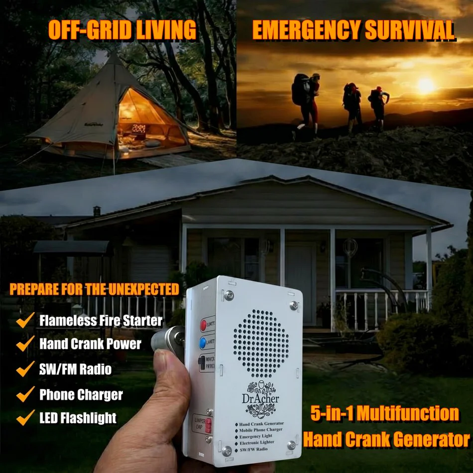 Hand Crank Generator Multi functional Radio, Flashlight, Lighter, USB Emergency Charging Portable