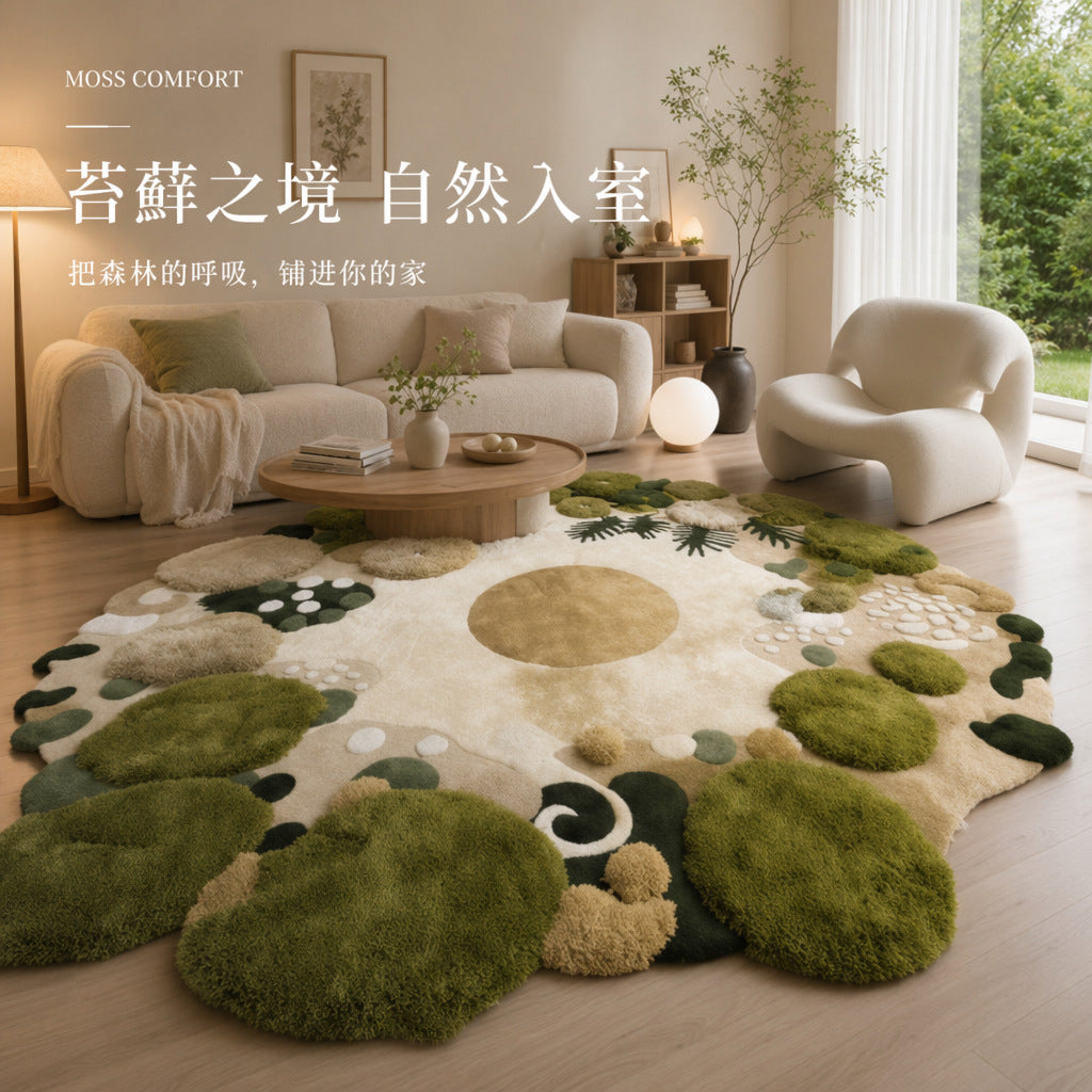 Handmade wool rug for the living room featuring an irregular shape and a mossy landscape design.