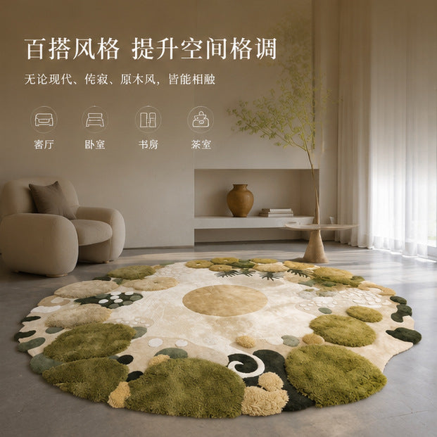 Handmade wool rug for the living room featuring an irregular shape and a mossy landscape design.