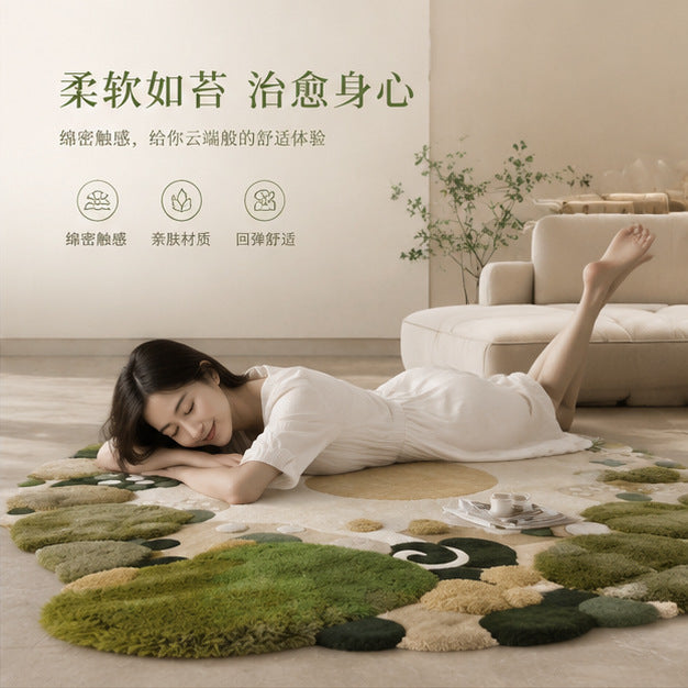 Handmade wool rug for the living room featuring an irregular shape and a mossy landscape design.