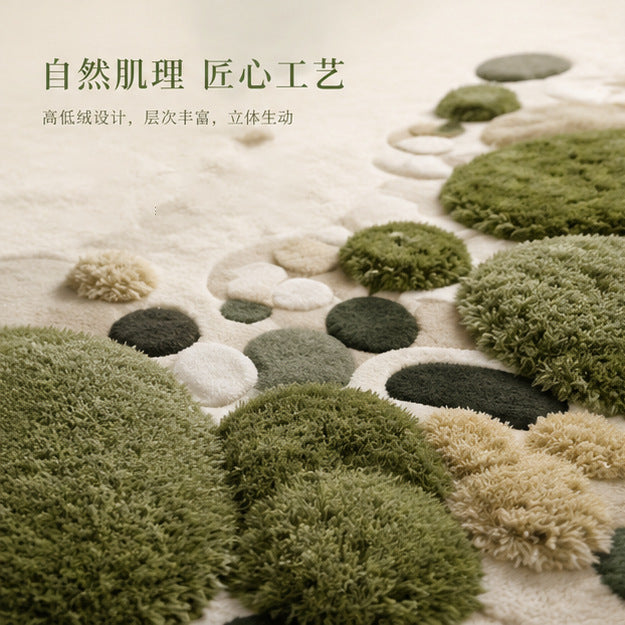 Handmade wool rug for the living room featuring an irregular shape and a mossy landscape design.