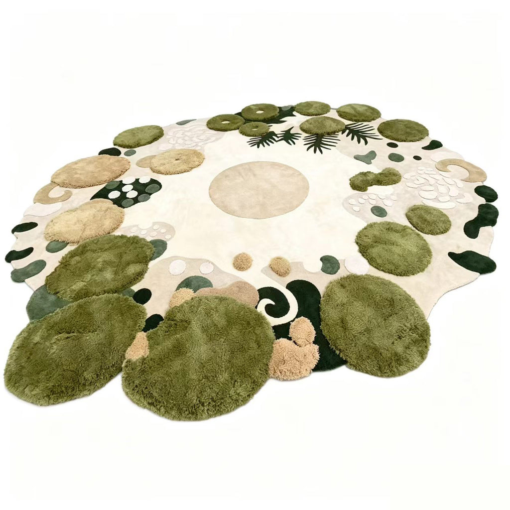 Handmade wool rug for the living room featuring an irregular shape and a mossy landscape design.