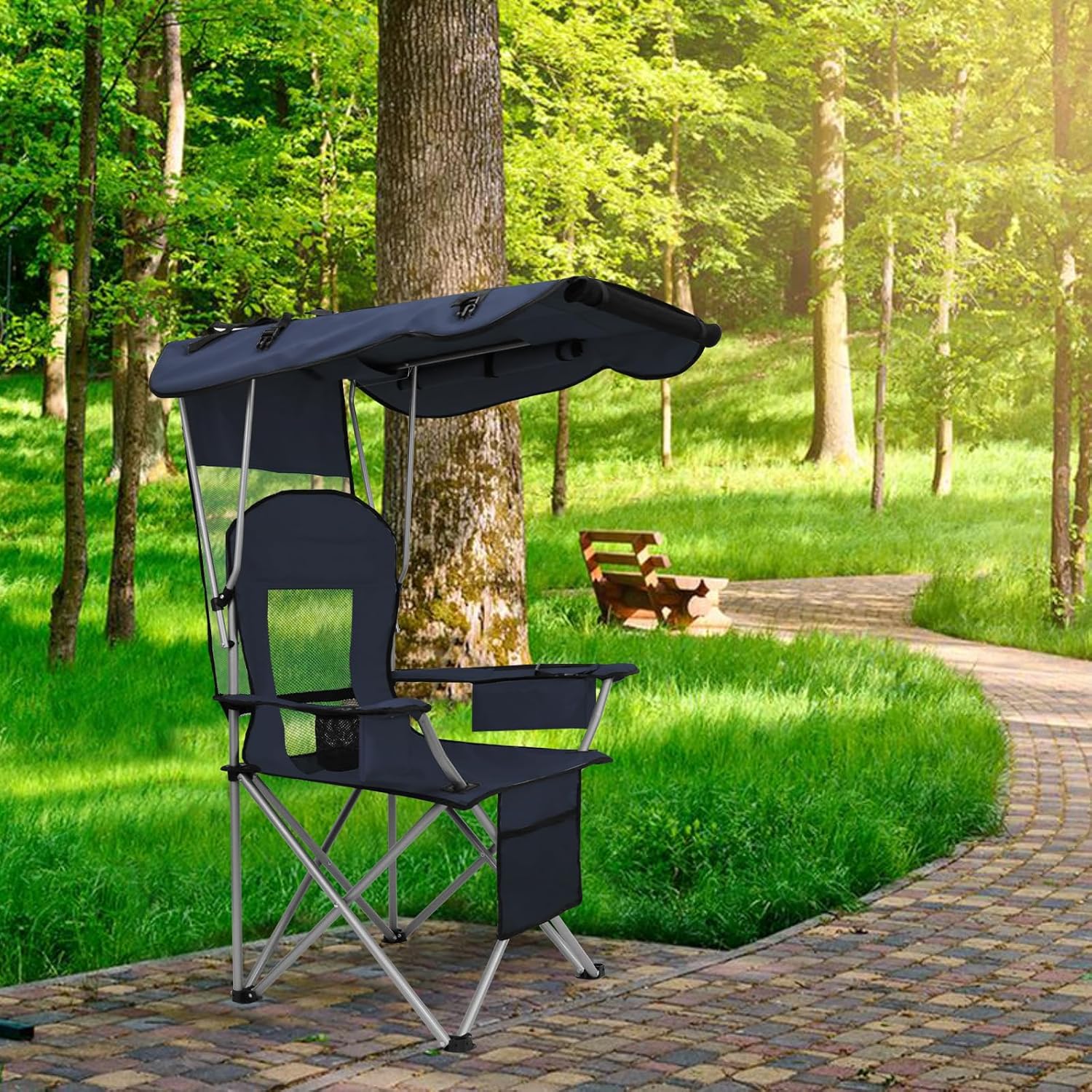 Camping Chair with Canopy Shade Portable Folding Beach Chairs with Cooler, Mesh Backrest, Cup Holder, and Pocket for Camping, Fishing, Beach, and Sports