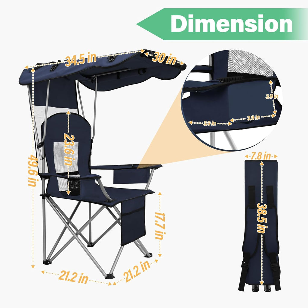 Camping Chair with Canopy Shade Portable Folding Beach Chairs with Cooler, Mesh Backrest, Cup Holder, and Pocket for Camping, Fishing, Beach, and Sports