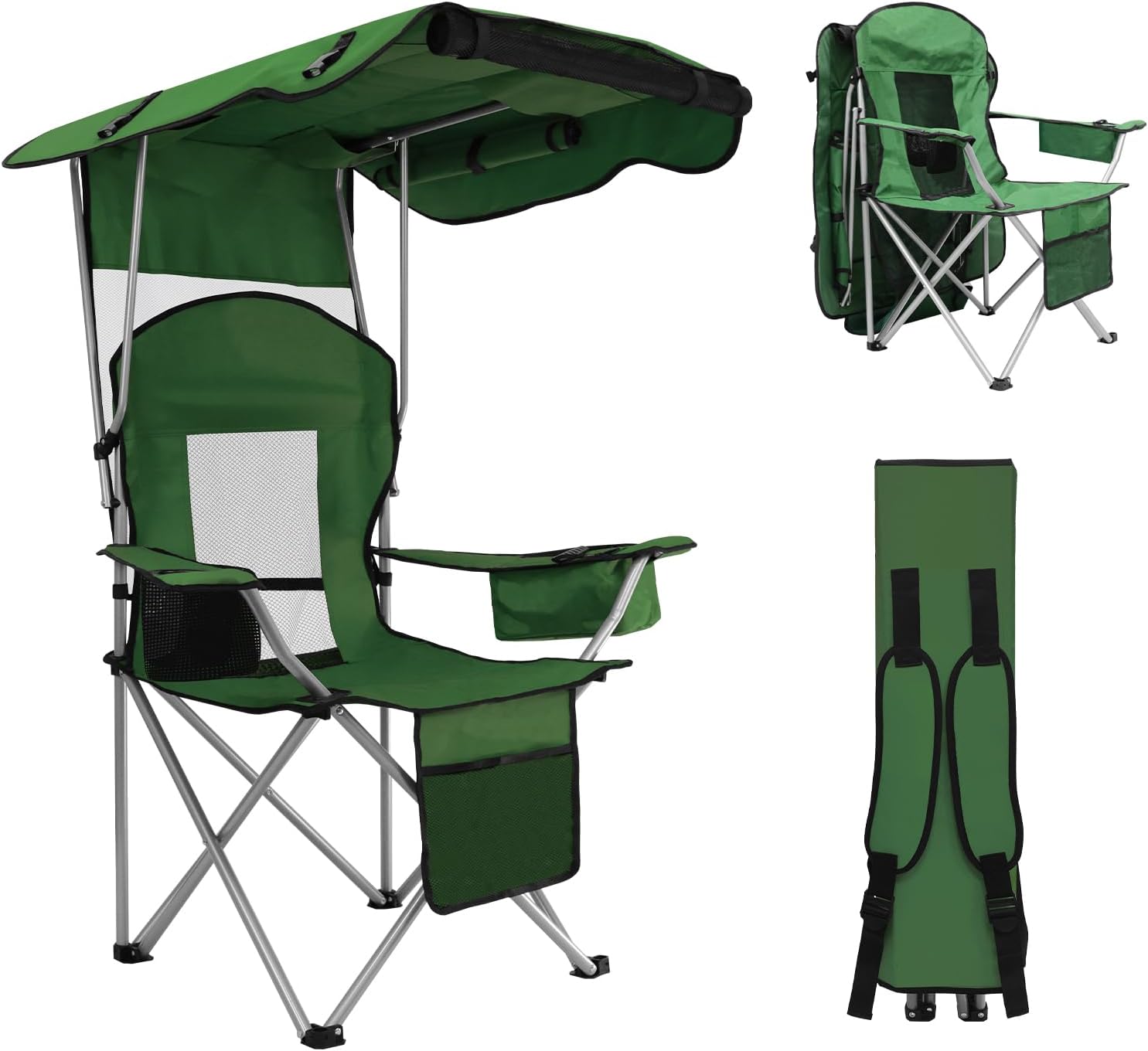 Camping Chair with Canopy Shade Portable Folding Beach Chairs with Cooler, Mesh Backrest, Cup Holder, and Pocket for Camping, Fishing, Beach, and Sports