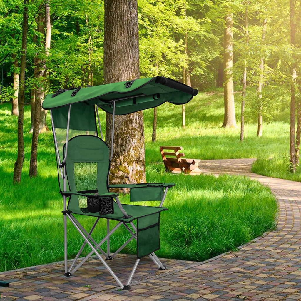 Camping Chair with Canopy Shade Portable Folding Beach Chairs with Cooler, Mesh Backrest, Cup Holder, and Pocket for Camping, Fishing, Beach, and Sports