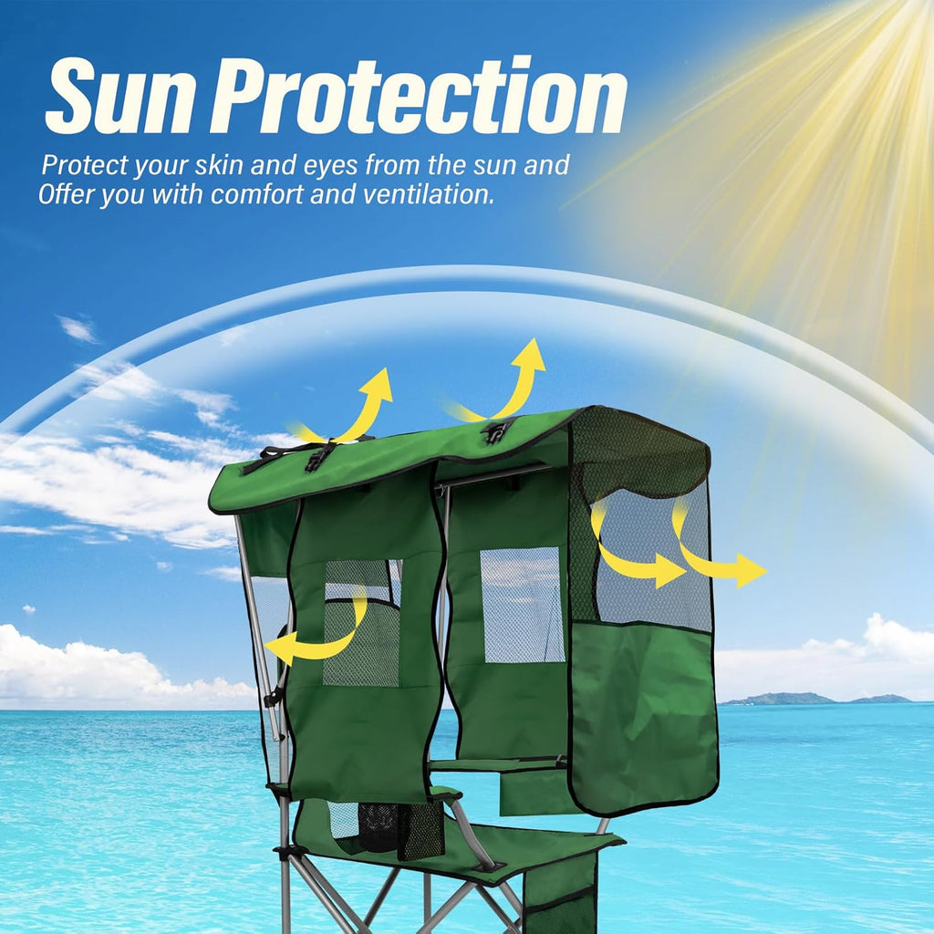 Camping Chair with Canopy Shade Portable Folding Beach Chairs with Cooler, Mesh Backrest, Cup Holder, and Pocket for Camping, Fishing, Beach, and Sports
