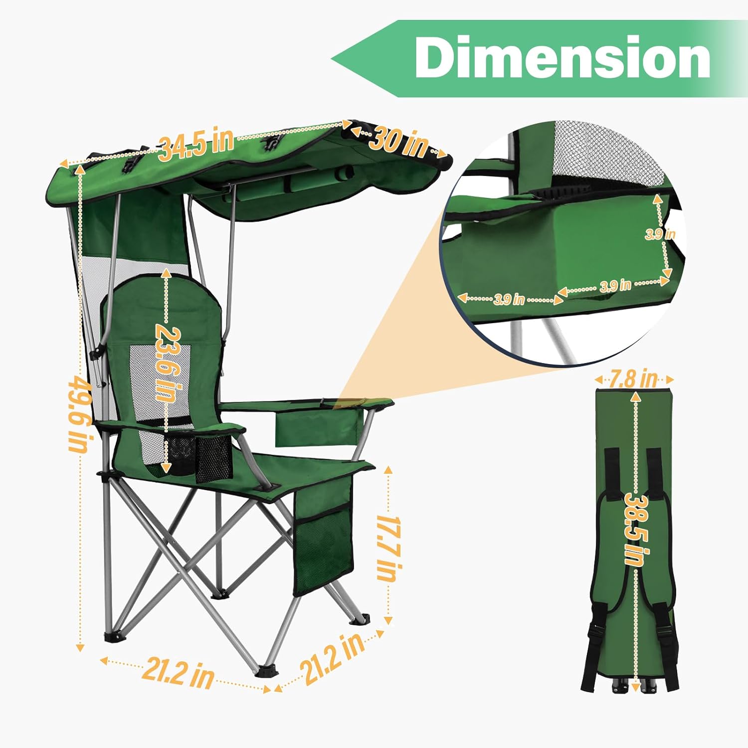 Camping Chair with Canopy Shade Portable Folding Beach Chairs with Cooler, Mesh Backrest, Cup Holder, and Pocket for Camping, Fishing, Beach, and Sports