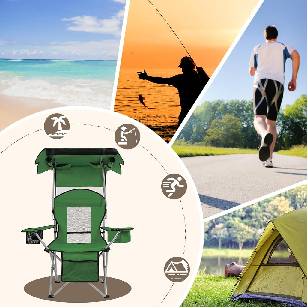 Camping Chair with Canopy Shade Portable Folding Beach Chairs with Cooler, Mesh Backrest, Cup Holder, and Pocket for Camping, Fishing, Beach, and Sports