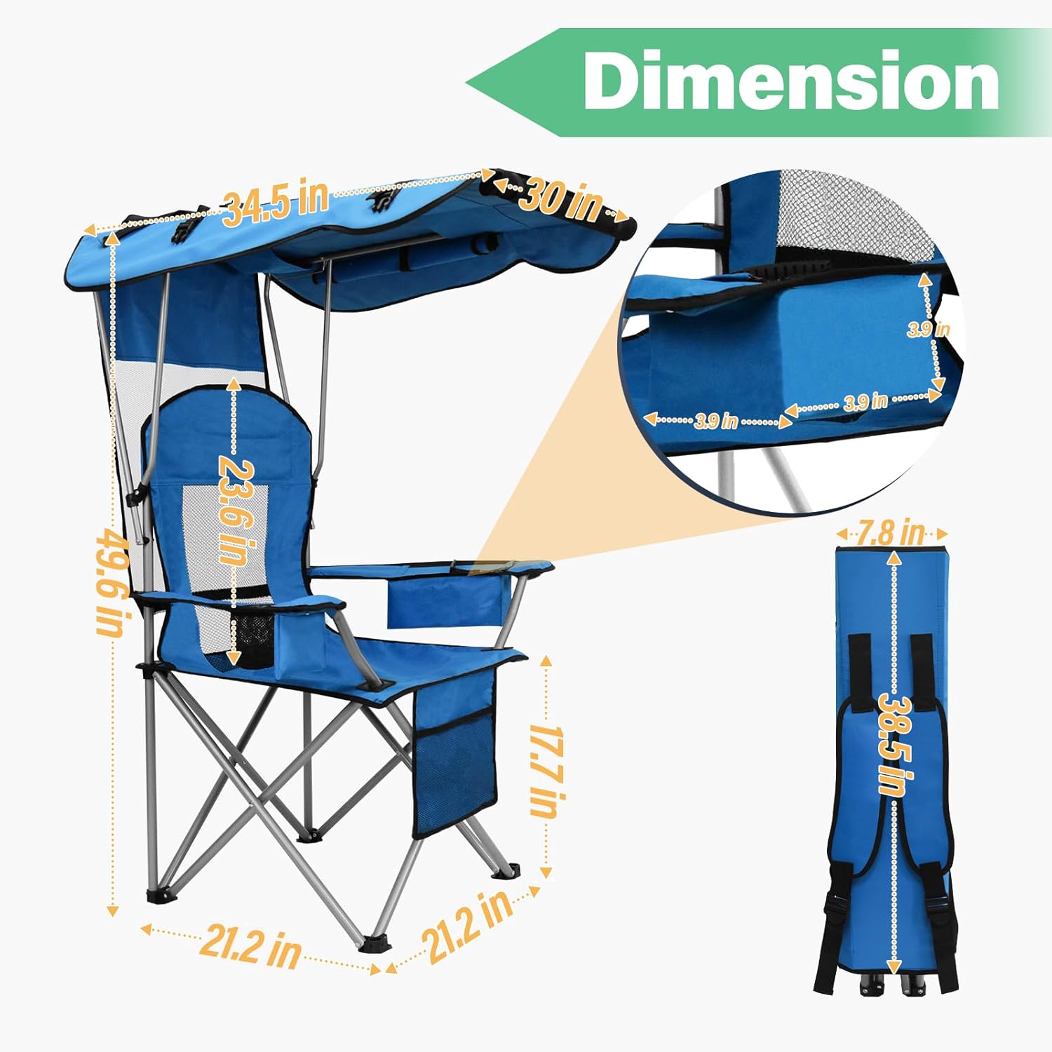 Camping Chair with Canopy Shade Portable Folding Beach Chairs with Cooler, Mesh Backrest, Cup Holder, and Pocket for Camping, Fishing, Beach, and Sports