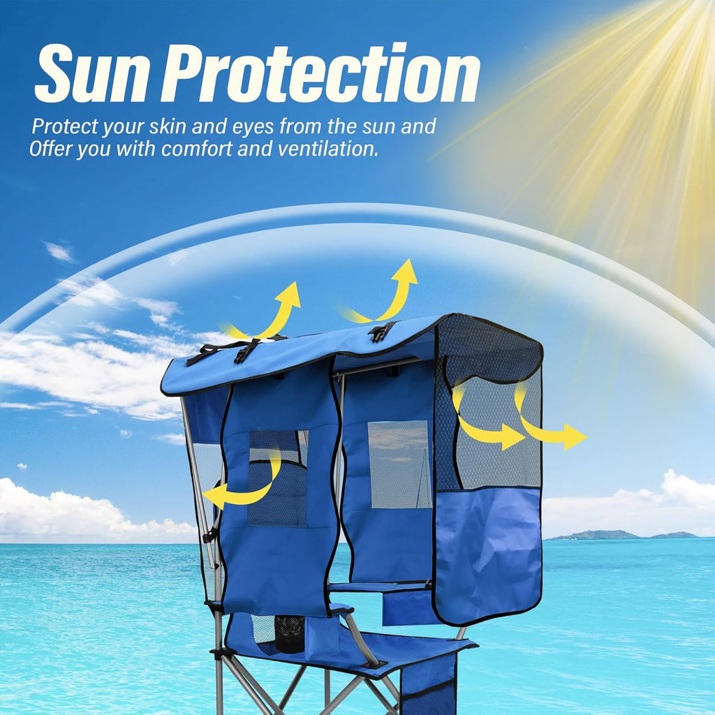 Camping Chair with Canopy Shade Portable Folding Beach Chairs with Cooler, Mesh Backrest, Cup Holder, and Pocket for Camping, Fishing, Beach, and Sports