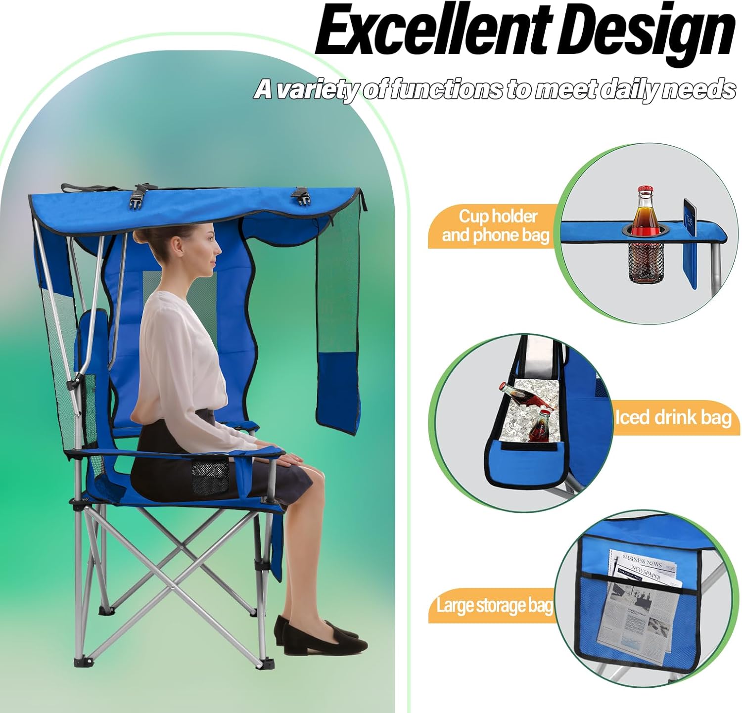 Camping Chair with Canopy Shade Portable Folding Beach Chairs with Cooler, Mesh Backrest, Cup Holder, and Pocket for Camping, Fishing, Beach, and Sports