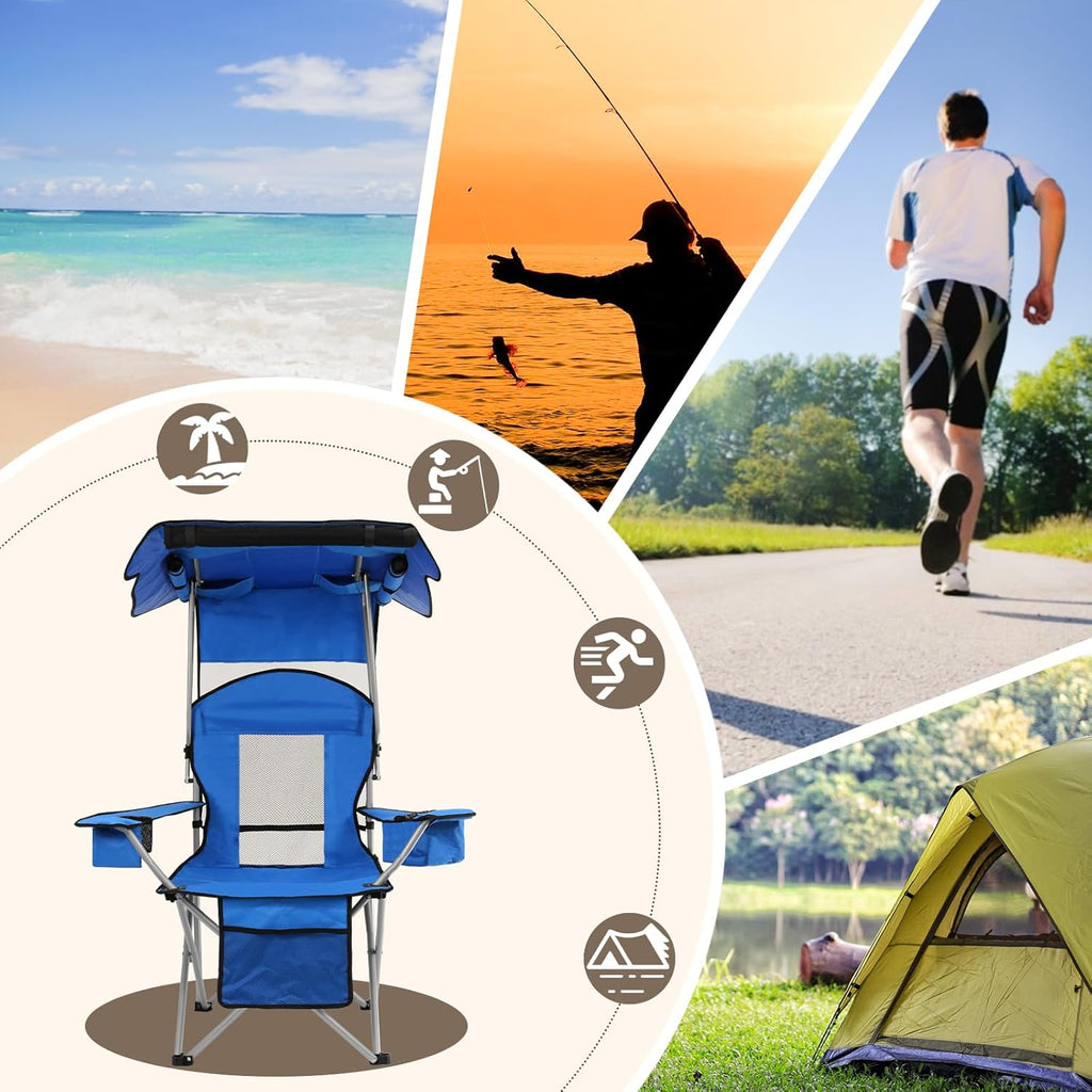 Camping Chair with Canopy Shade Portable Folding Beach Chairs with Cooler, Mesh Backrest, Cup Holder, and Pocket for Camping, Fishing, Beach, and Sports