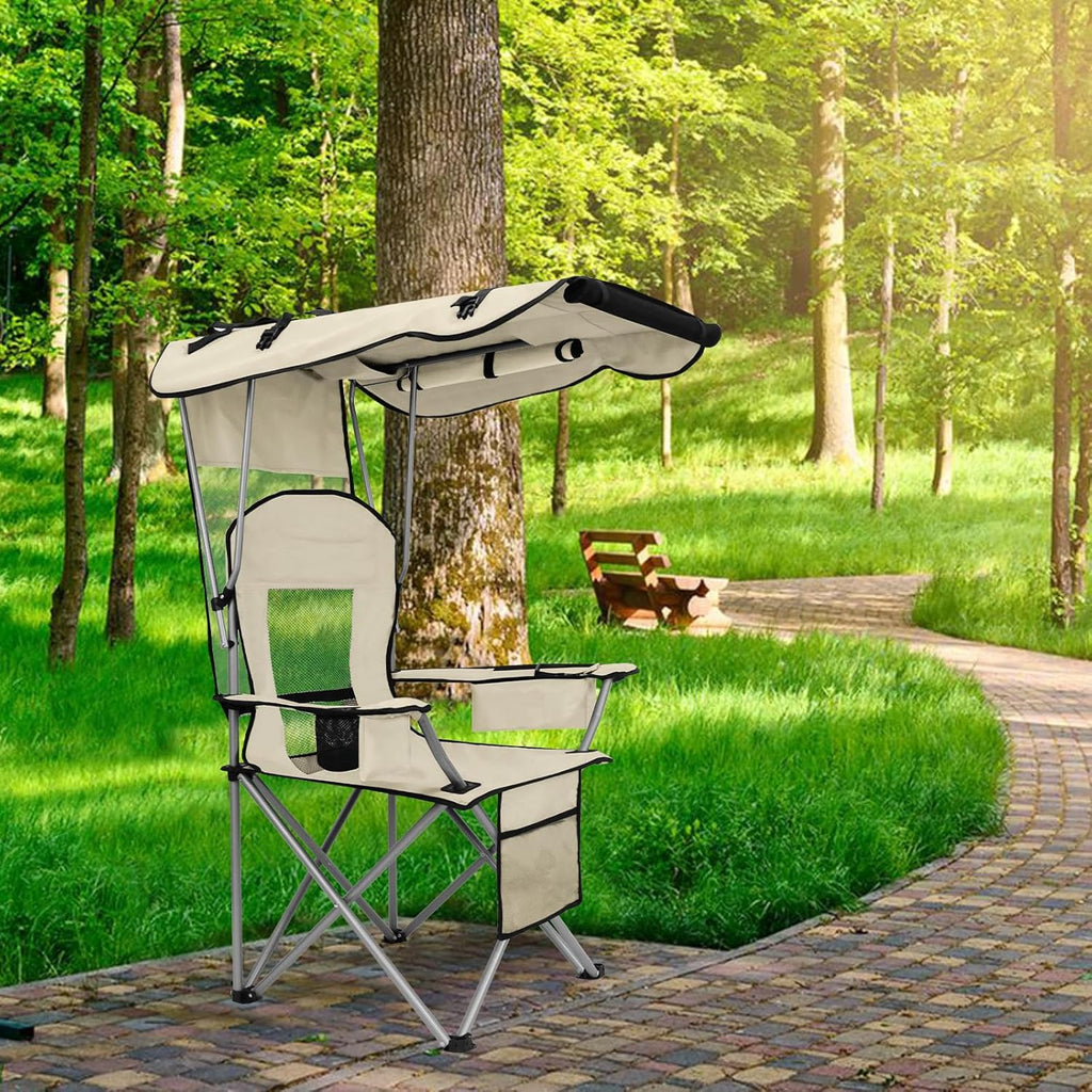 Camping Chair with Canopy Shade Portable Folding Beach Chairs with Cooler, Mesh Backrest, Cup Holder, and Pocket for Camping, Fishing, Beach, and Sports