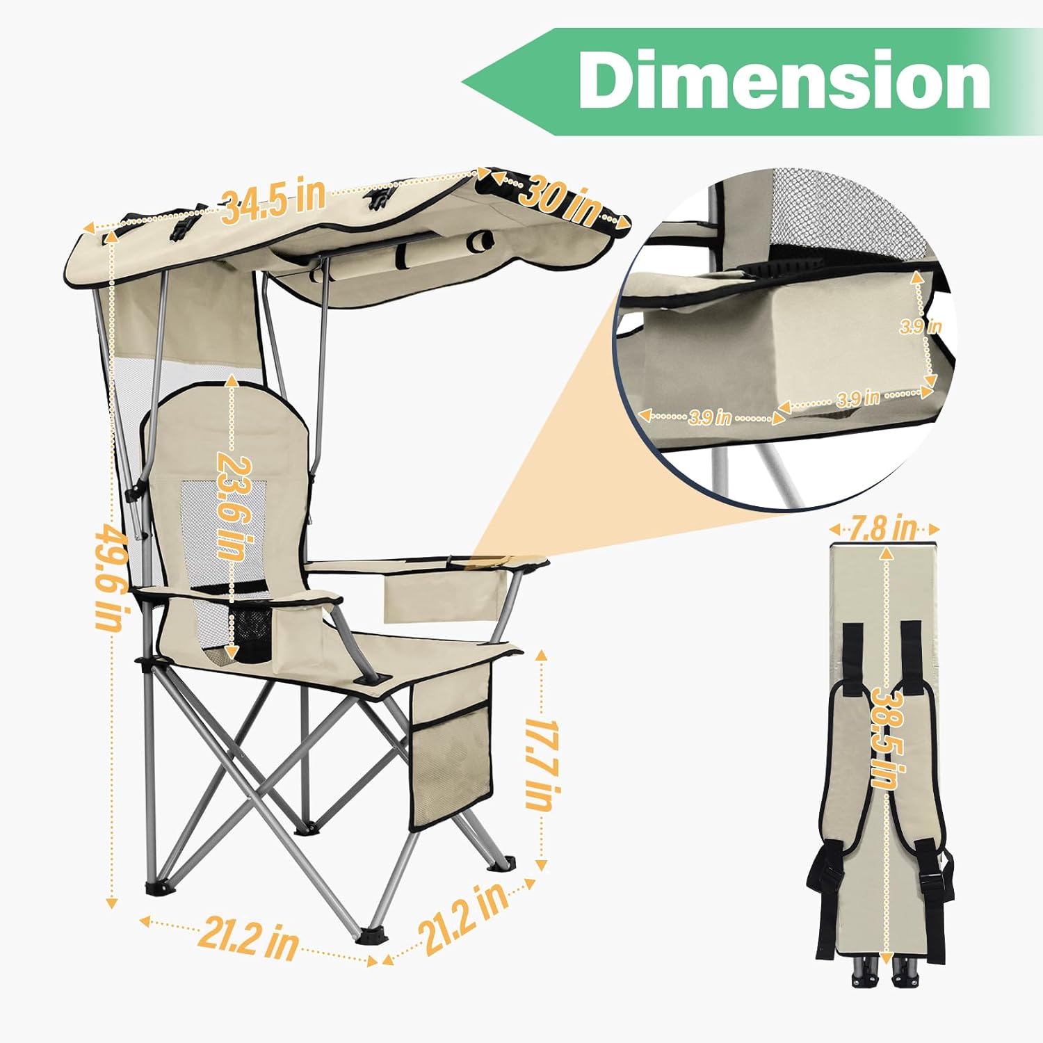 Camping Chair with Canopy Shade Portable Folding Beach Chairs with Cooler, Mesh Backrest, Cup Holder, and Pocket for Camping, Fishing, Beach, and Sports