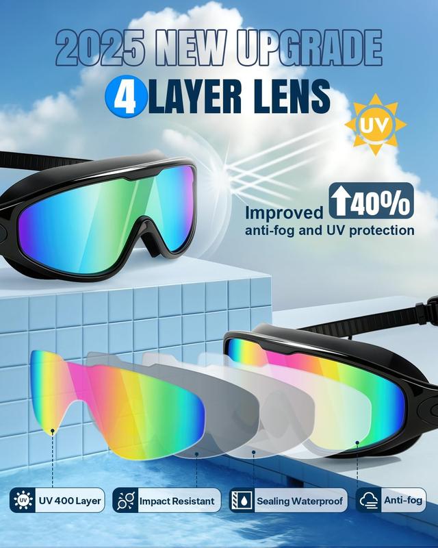 2 Pack Swim Goggles for Adults & Kids - Anti-Fog Full-Coverage, 3-Color UV Lens, Waterproof Earplugs & Nose Clip, Fit Outdoorfun