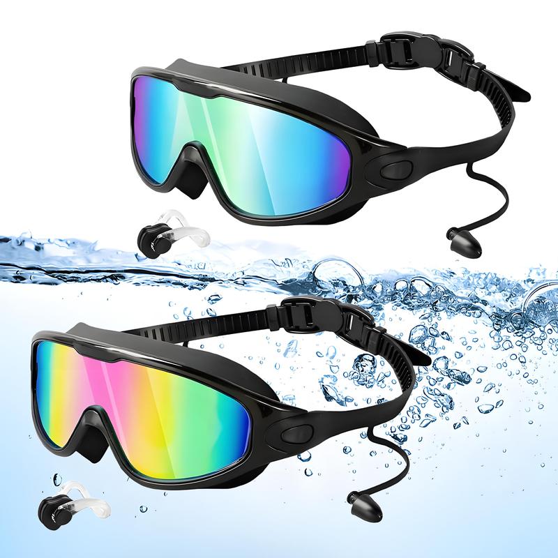 2 Pack Swim Goggles for Adults & Kids - Anti-Fog Full-Coverage, 3-Color UV Lens, Waterproof Earplugs & Nose Clip, Fit Outdoorfun