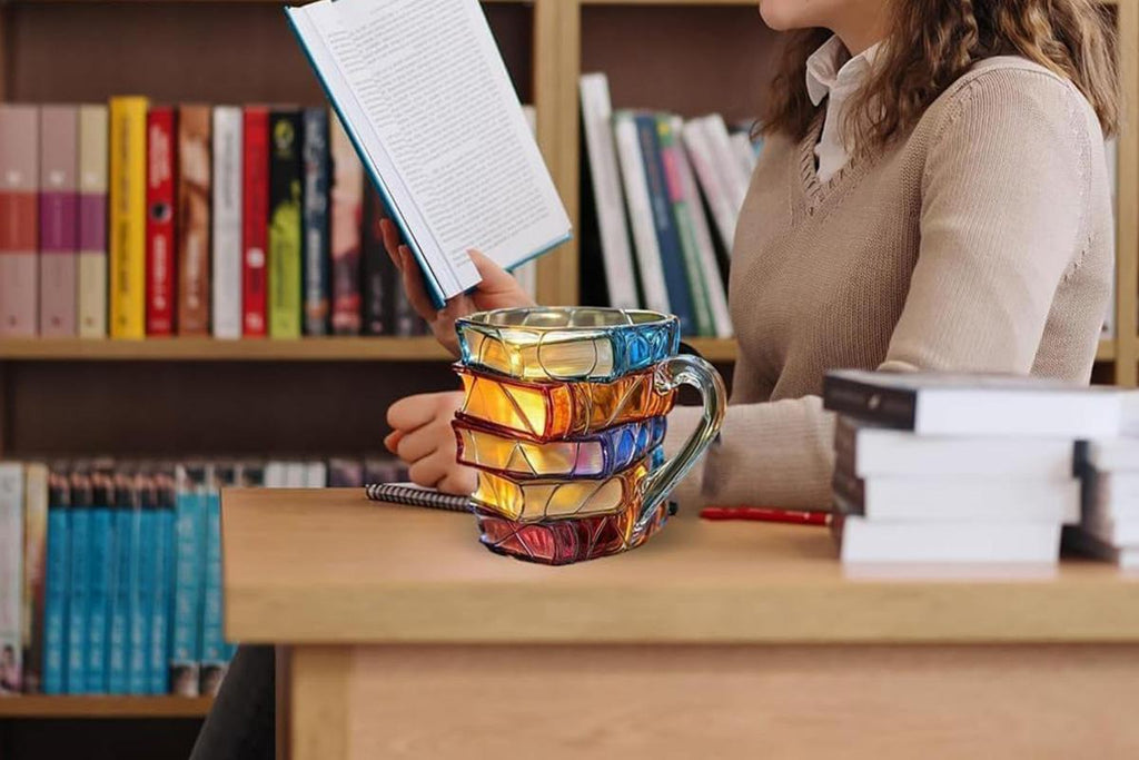 Creative coffee mug with stacked books pattern