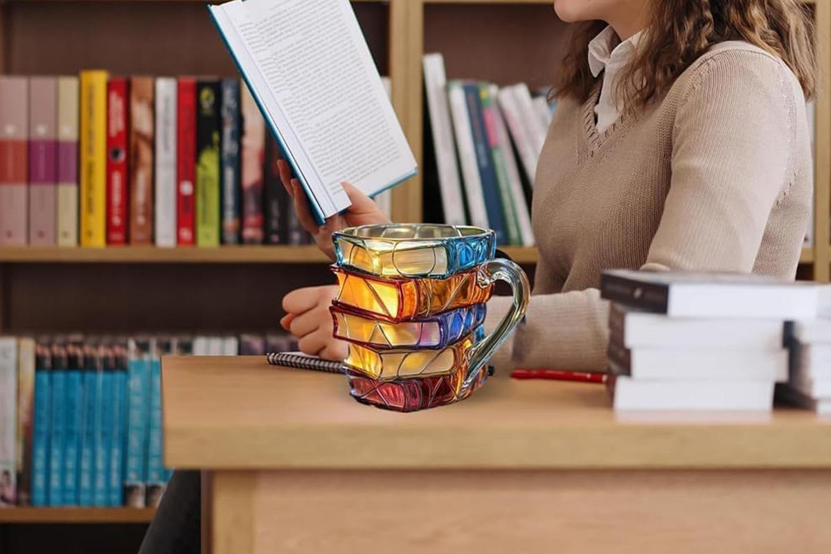 Creative coffee mug with stacked books pattern