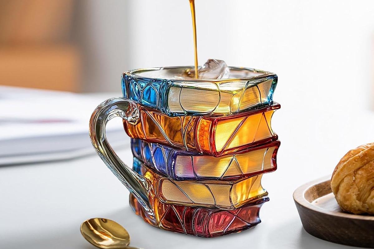 Creative coffee mug with stacked books pattern