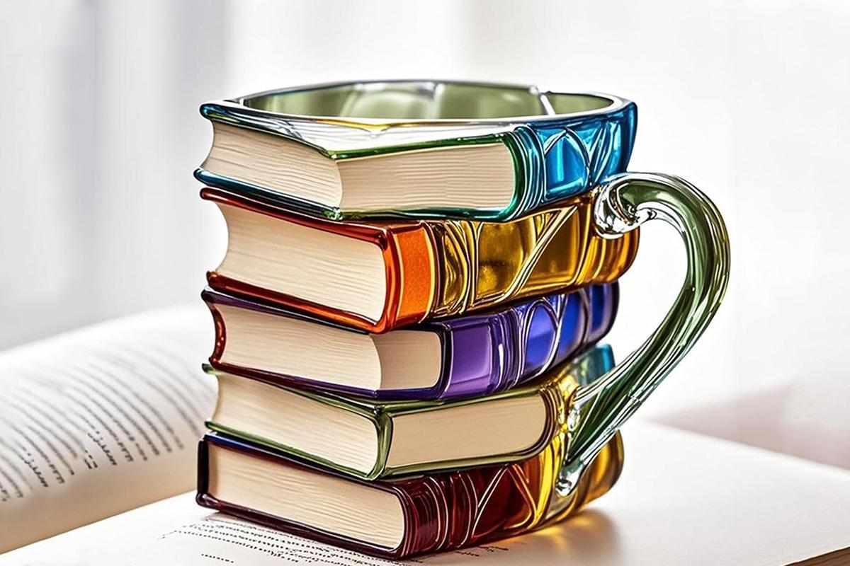 Creative coffee mug with stacked books pattern