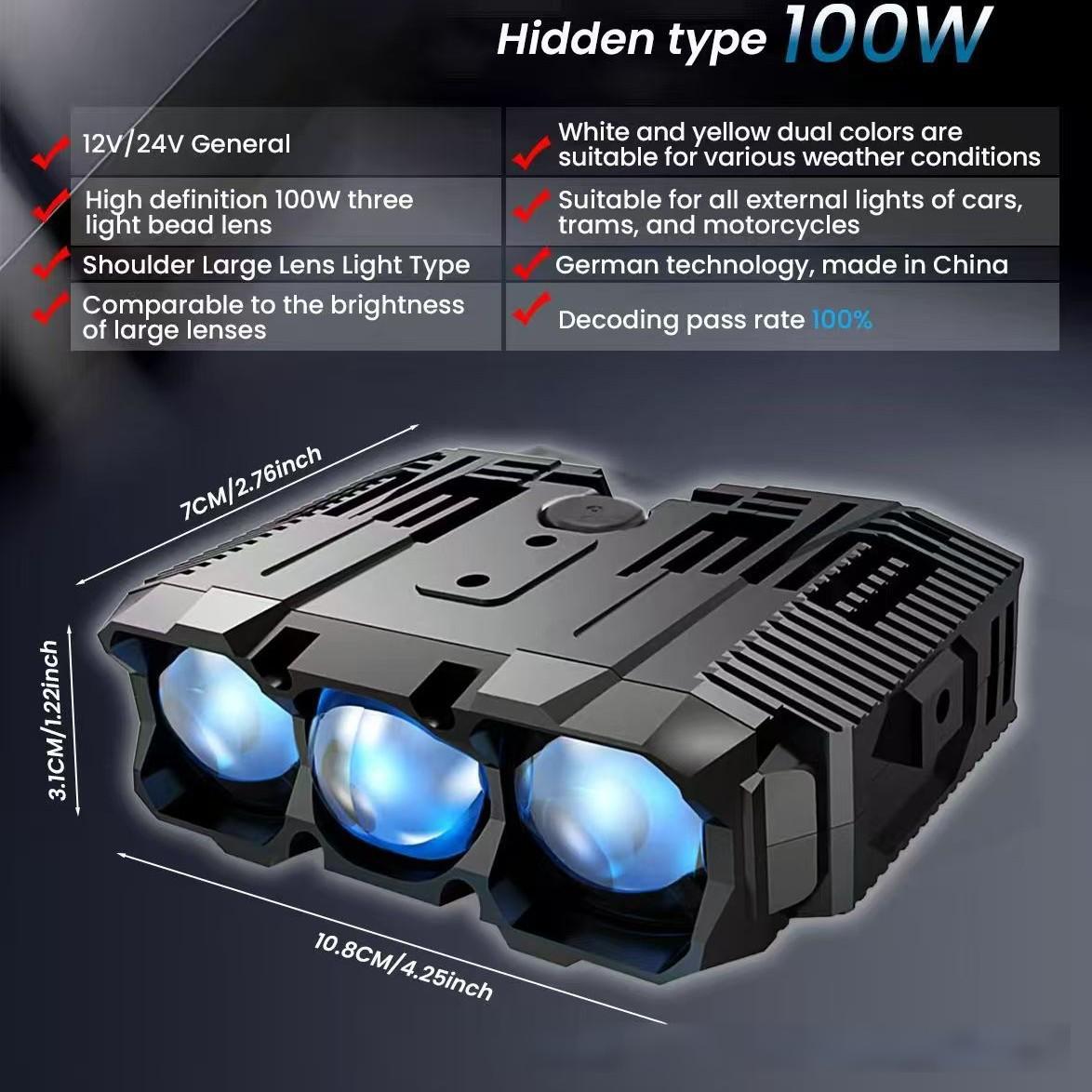 Car grille lights, three-lens LED spotlights, motorcycle headlights (high and low beams), waterproof dual-color blue film spotlights.
