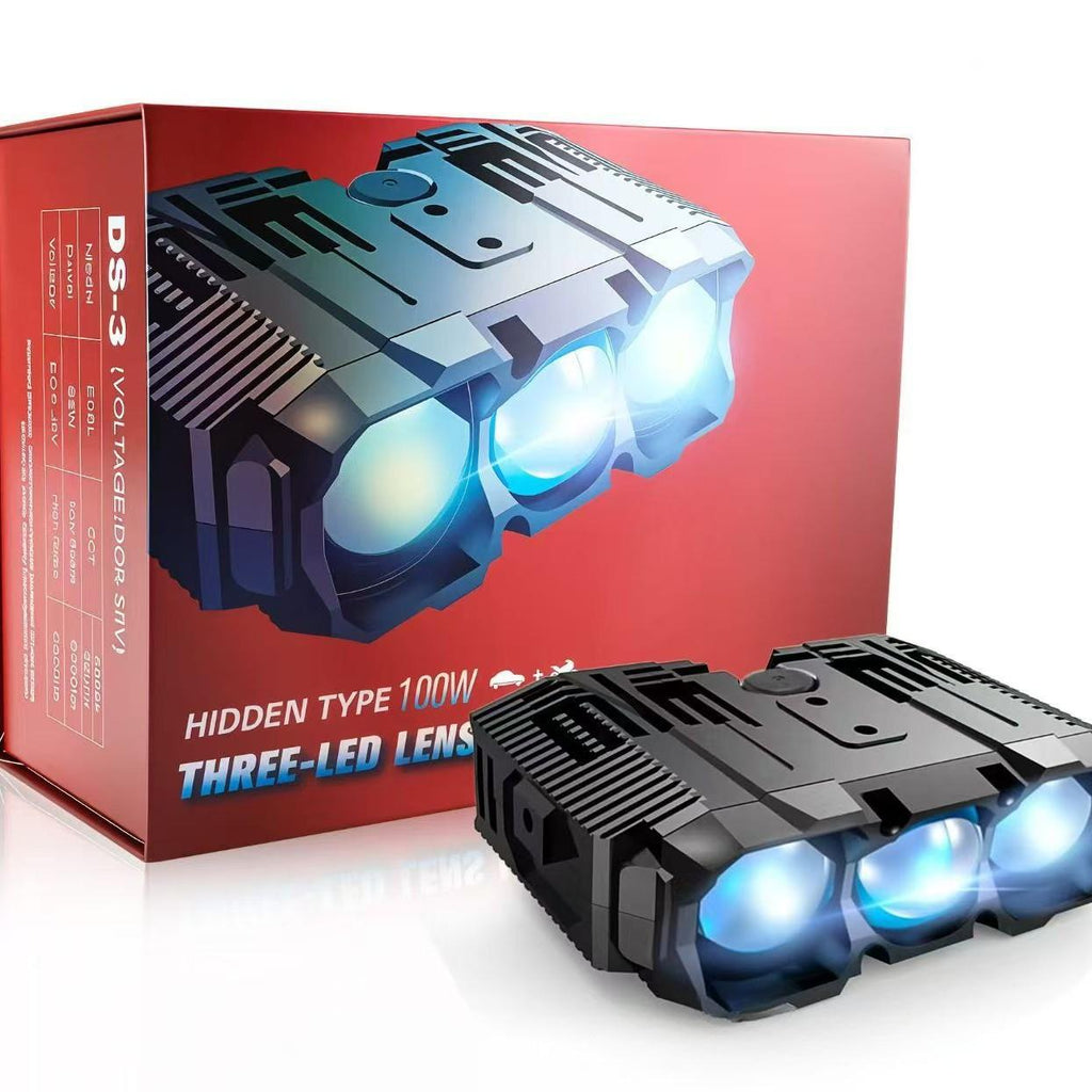 Car grille lights, three-lens LED spotlights, motorcycle headlights (high and low beams), waterproof dual-color blue film spotlights.