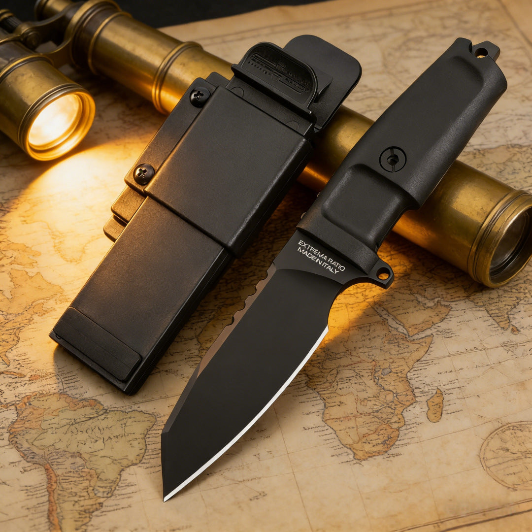 Compact tactical straight knife for camping, adventure, and outdoor use.