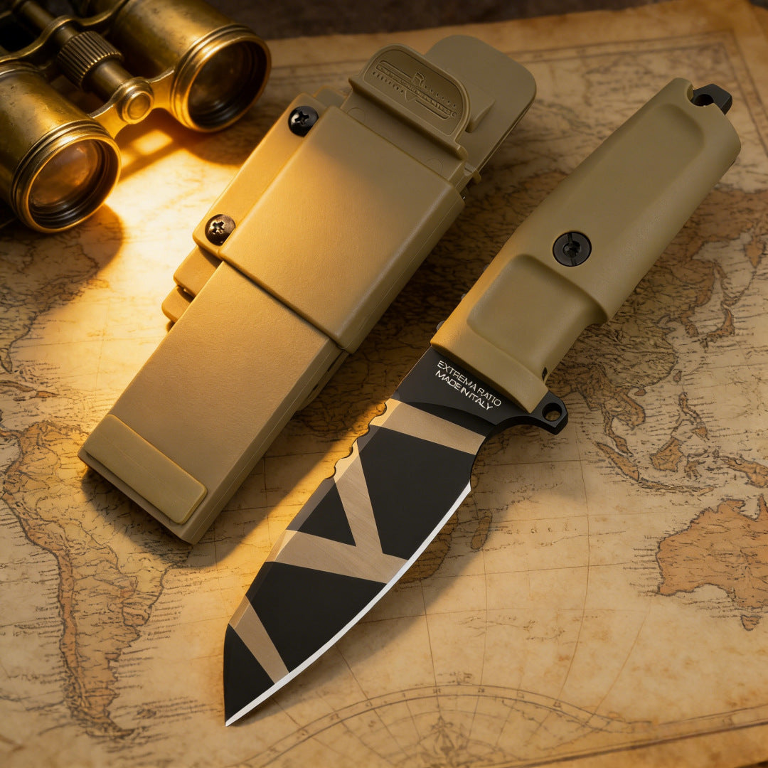 Compact tactical straight knife for camping, adventure, and outdoor use.
