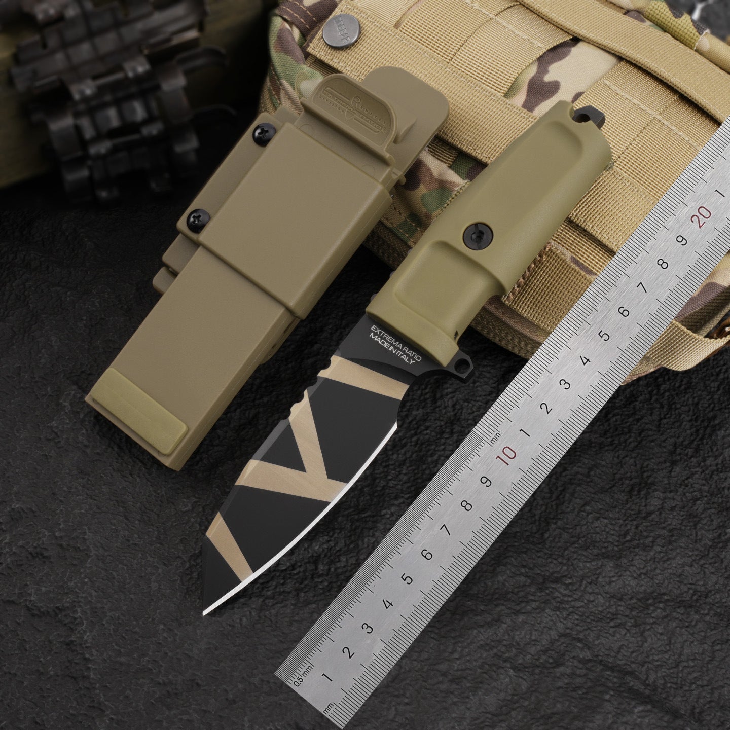 Compact tactical straight knife for camping, adventure, and outdoor use.