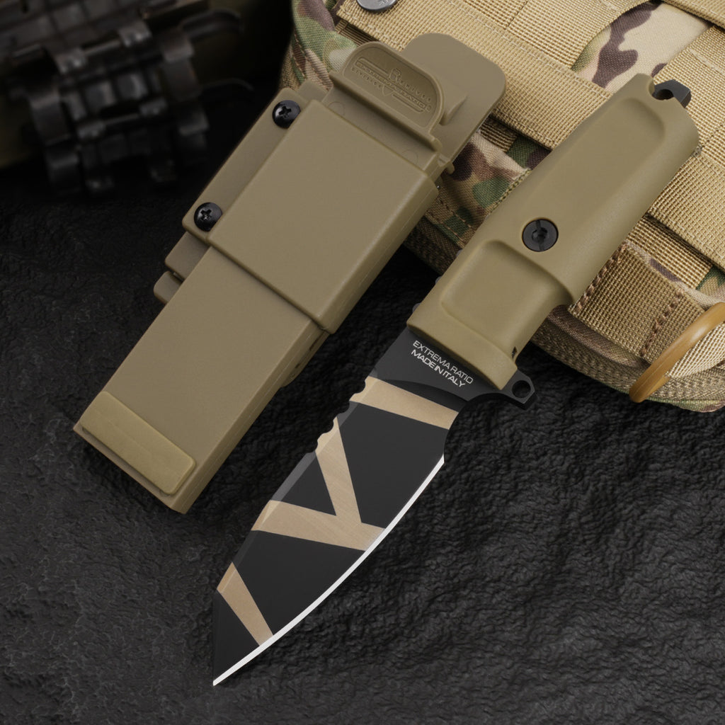 Compact tactical straight knife for camping, adventure, and outdoor use.