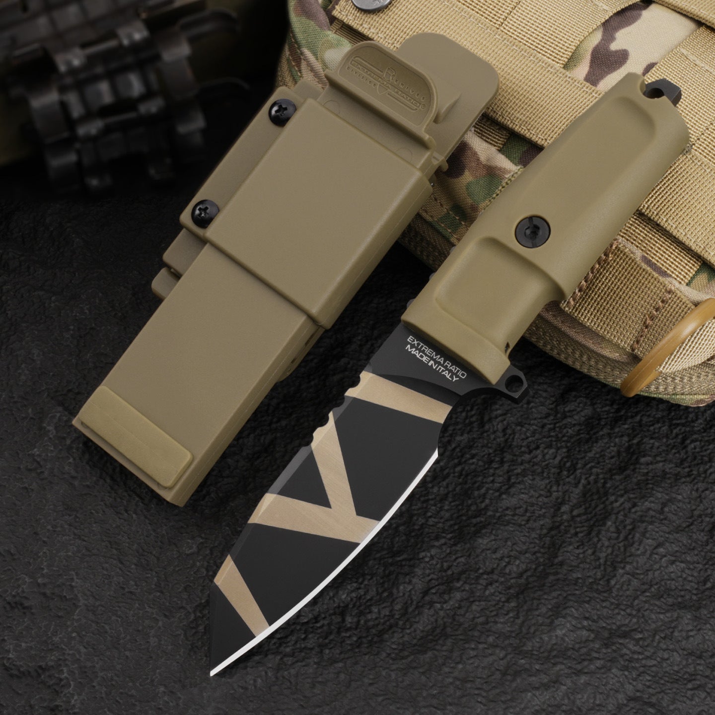 Compact tactical straight knife for camping, adventure, and outdoor use.