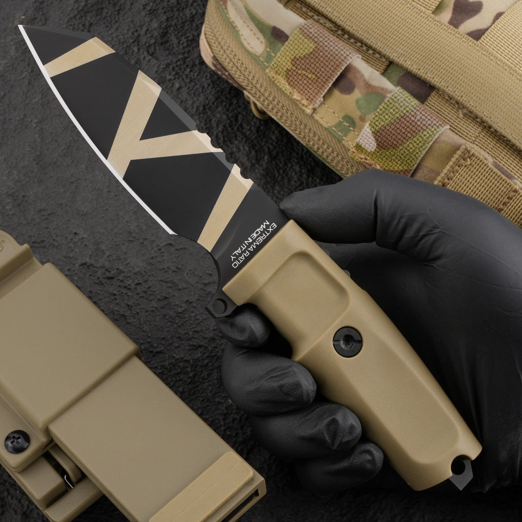 Compact tactical straight knife for camping, adventure, and outdoor use.