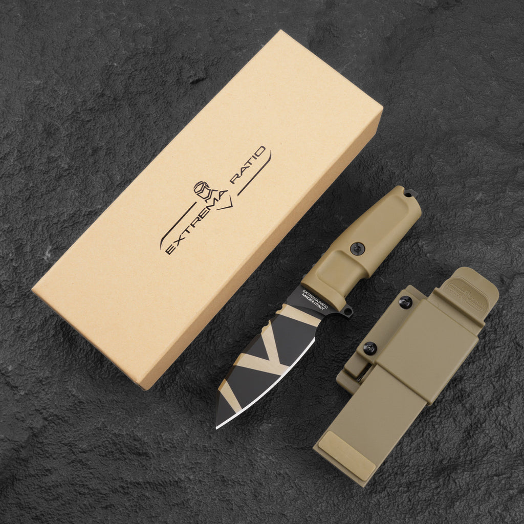 Compact tactical straight knife for camping, adventure, and outdoor use.