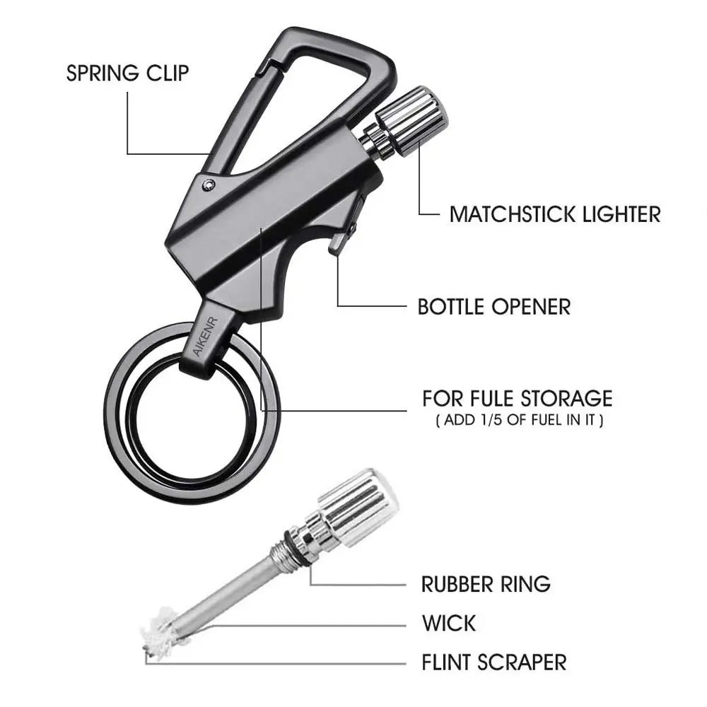 3-In-1 Cool Lighter Keychain Bottle Opener, Outdoor Fire Starter,Portable Refillable Lighter with hook,for Hiking Camping,Daily Use multiple key