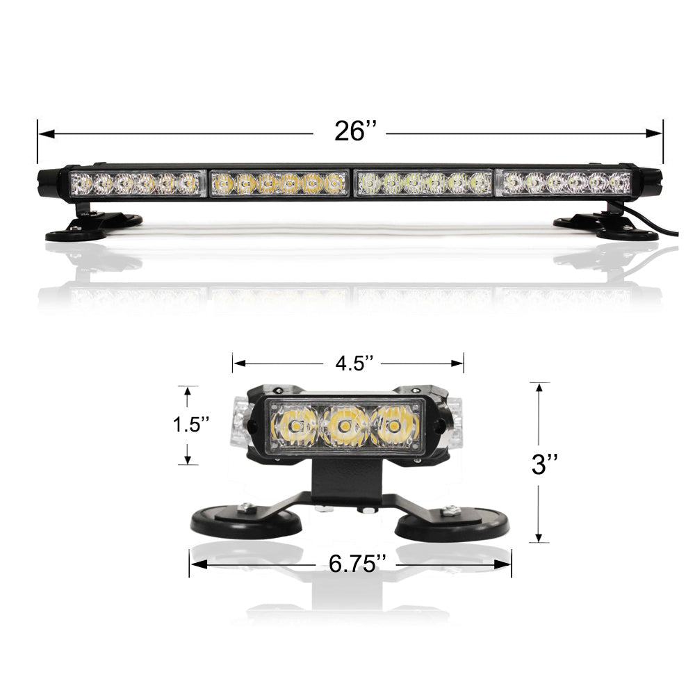 54 LED 26" Double Side Roof Top Strobe Light Bar with Magnetic Base