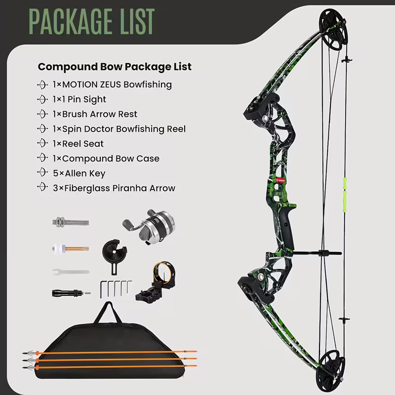 Bow and fishing set (including 3 arrows), 15-45 LBS draw length 18"-29.5", right-hand compound bow for fishing, reel, hunting, and shooting; fully adjustable.