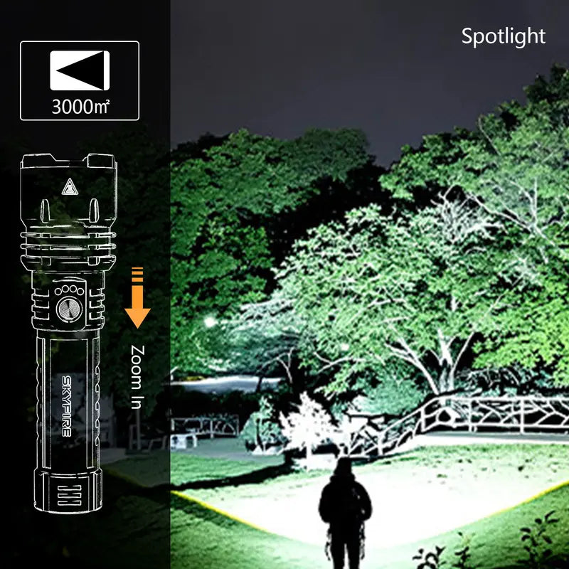 High-lumen, ultra-bright rechargeable LED flashlight with adjustable zoom and five lighting modes.