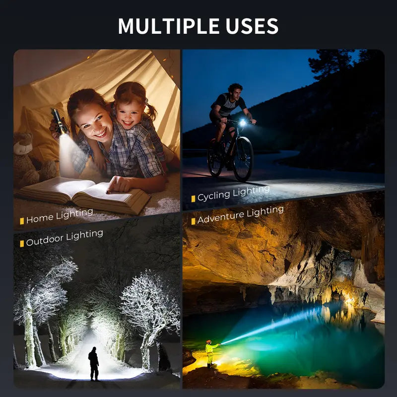 Super bright flashlight, 5500mAh battery, 5 lighting modes, USB charging, waterproof, zoomable, suitable for outdoor adventures and exploration.