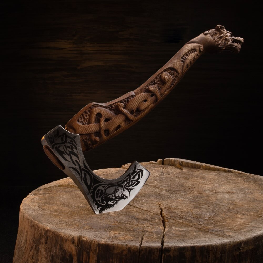 Engraved Nordic battle axe, tactical camping axe