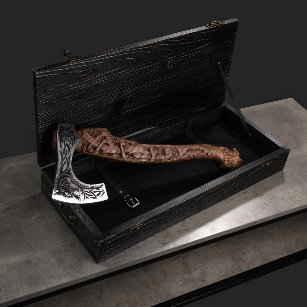 Engraved Nordic battle axe, tactical camping axe