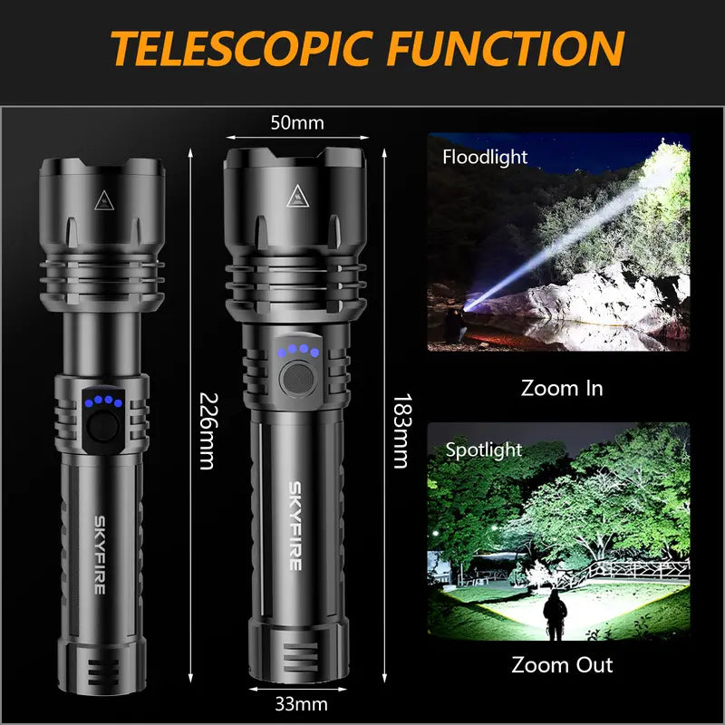High-lumen, ultra-bright rechargeable LED flashlight with adjustable zoom and five lighting modes.