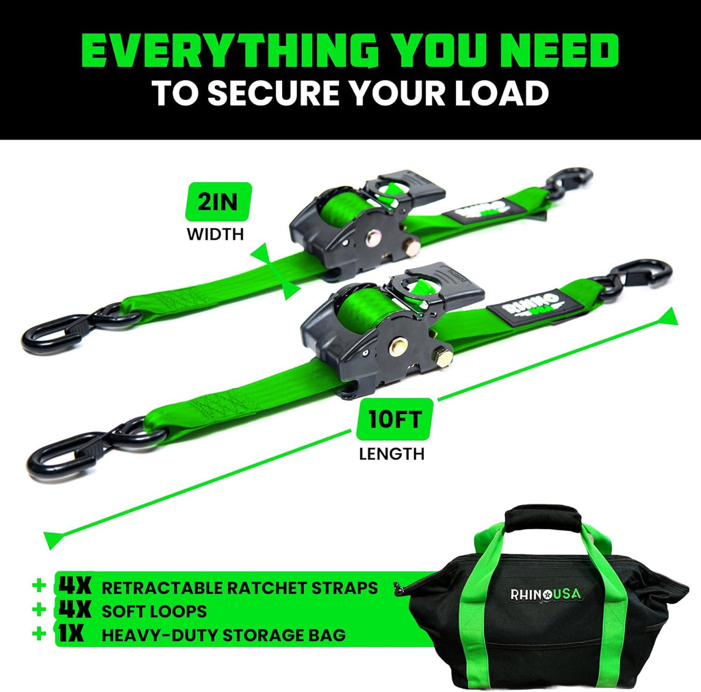 Retractable ratchet straps (2-pack) - 2 inches x 10 feet (3,033 lbs breaking strength)