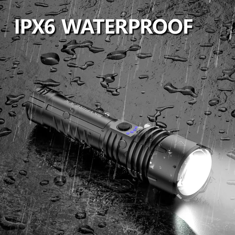 High-lumen, ultra-bright rechargeable LED flashlight with adjustable zoom and five lighting modes.
